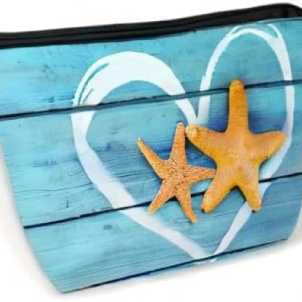Beach Starfish Cosmetic Bag Coastal Blue Wooden Makeup Bags,Travel Make up Bags - Picture 8 of 8